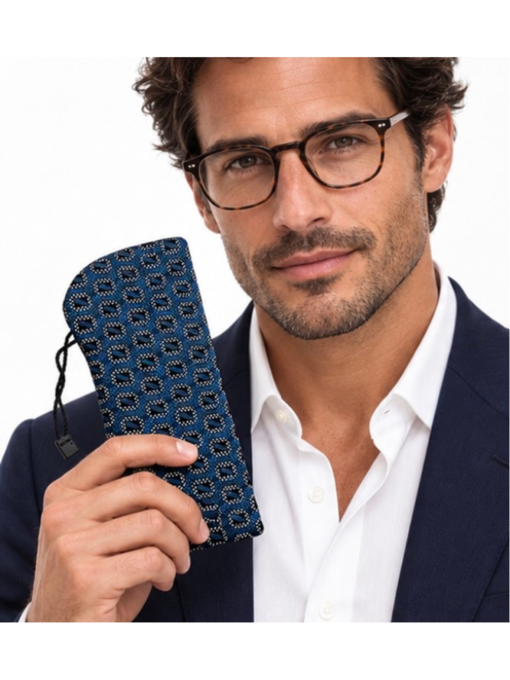 Ermenegildo Zegna Silk Eyeglass Case, Blue and White New